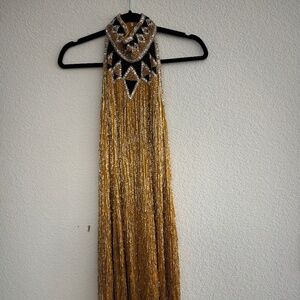 Bob Mackie Boutique Beaded Fringe Silk Dress Gold Black Silver